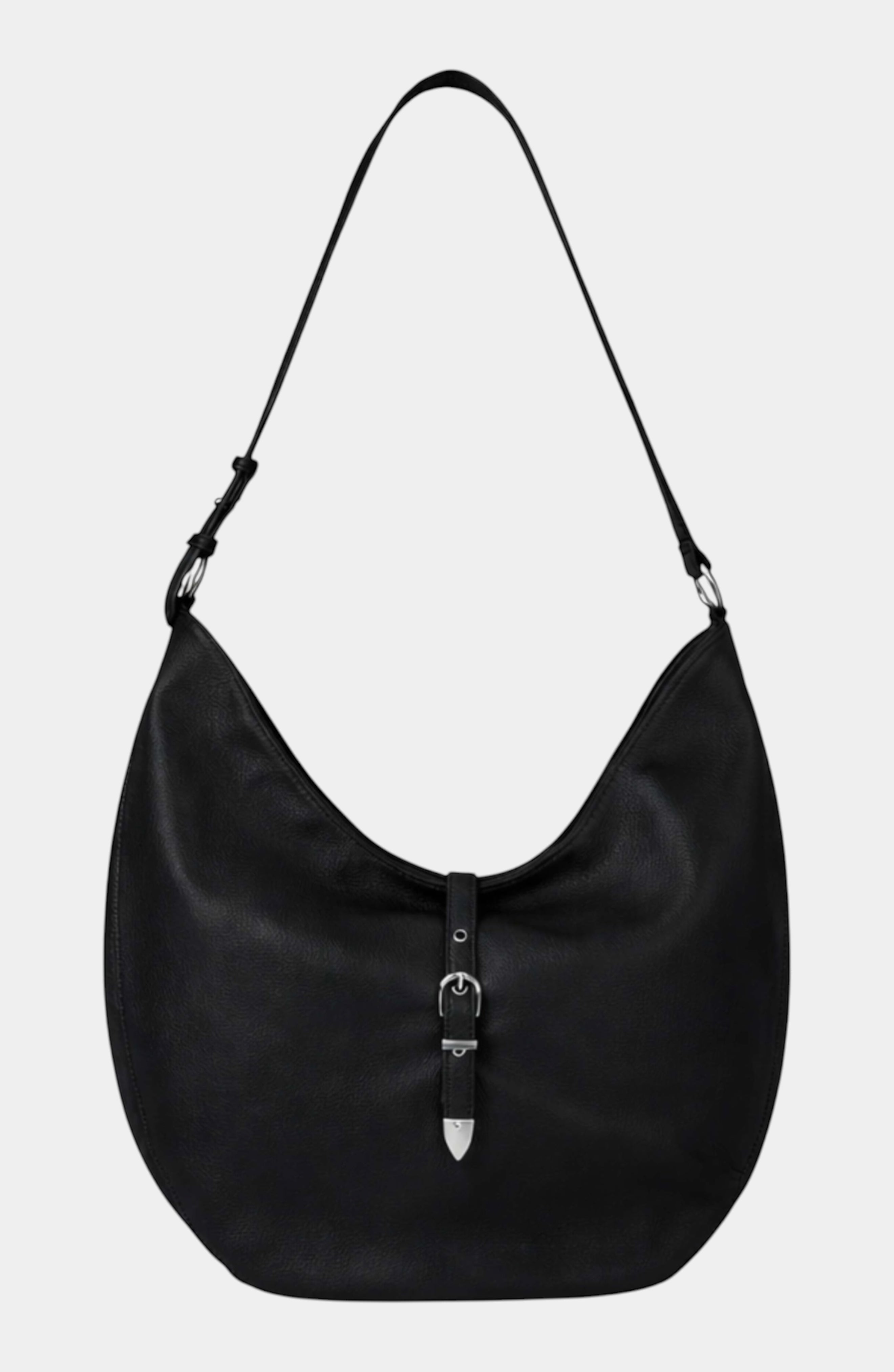 Urban Originals USA Lighthouse black pebbled vegan leather hobo bag with a silver buckle strap closure.