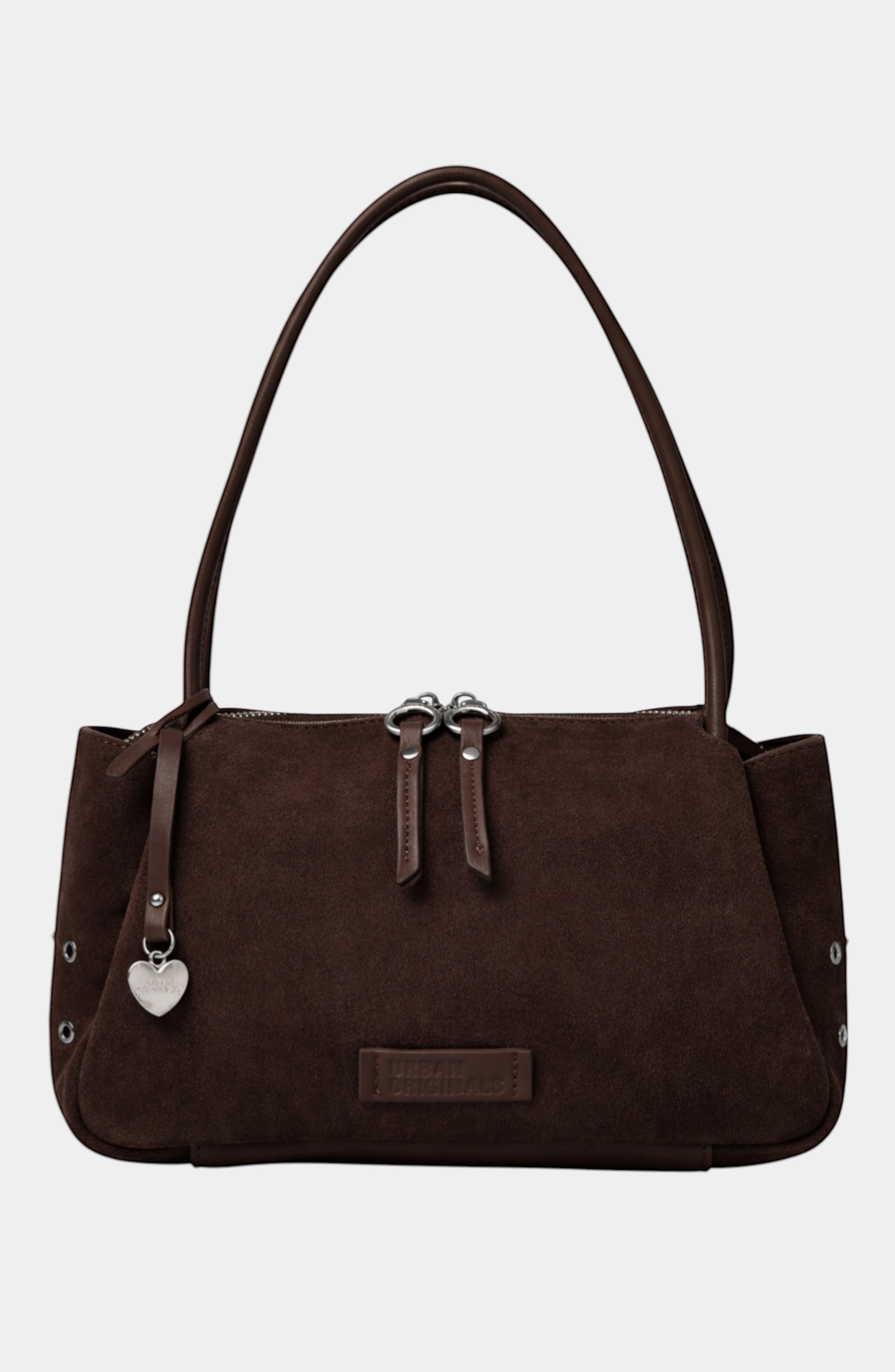 Urban Originals USA Please Stay crossbody bag in chocolate brown suede with pebbled vegan leather trim and silver hardware.