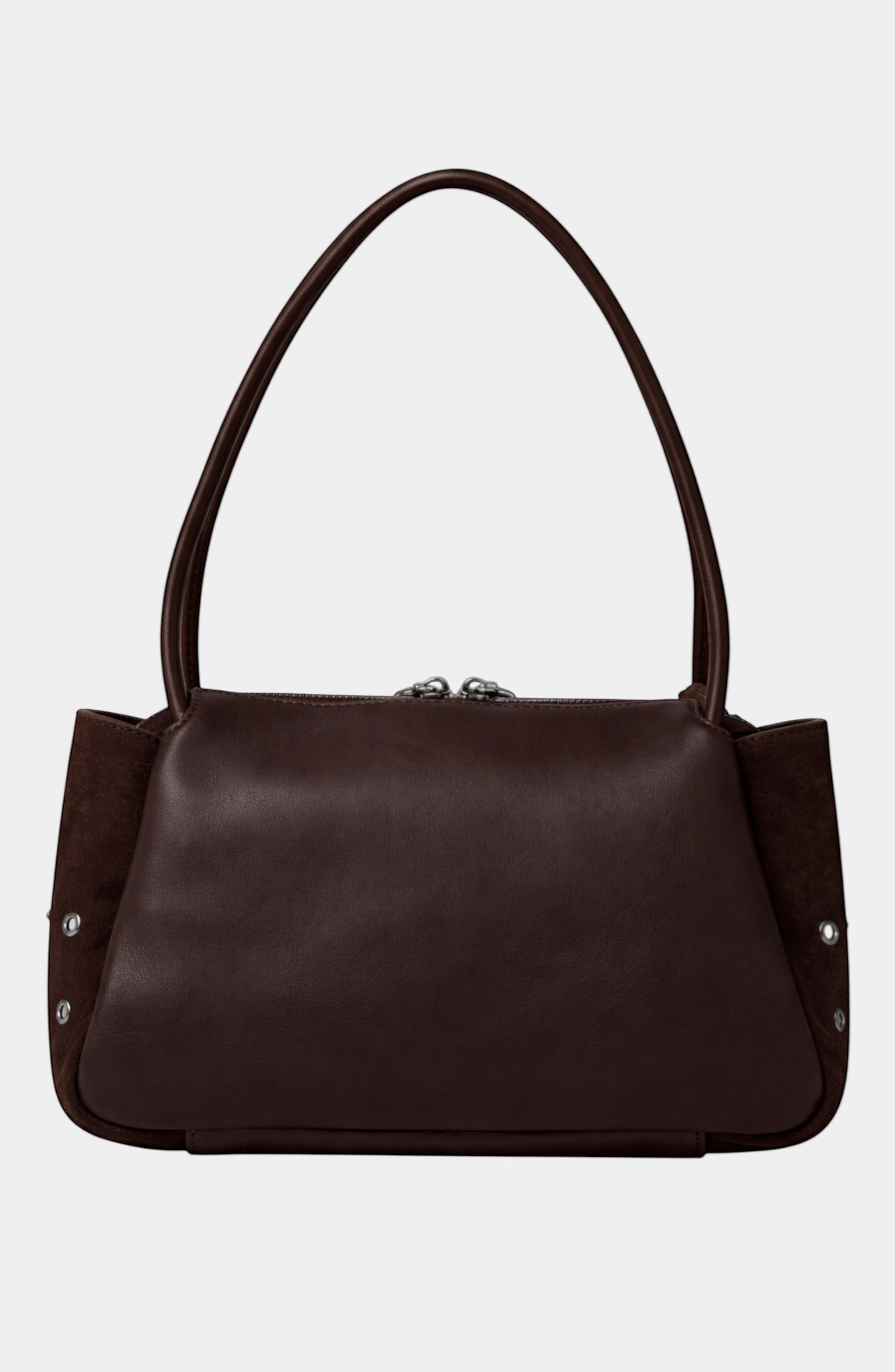 Urban Originals USA Please Stay crossbody bag in chocolate brown suede with pebbled vegan leather trim and silver hardware. Stud detail.