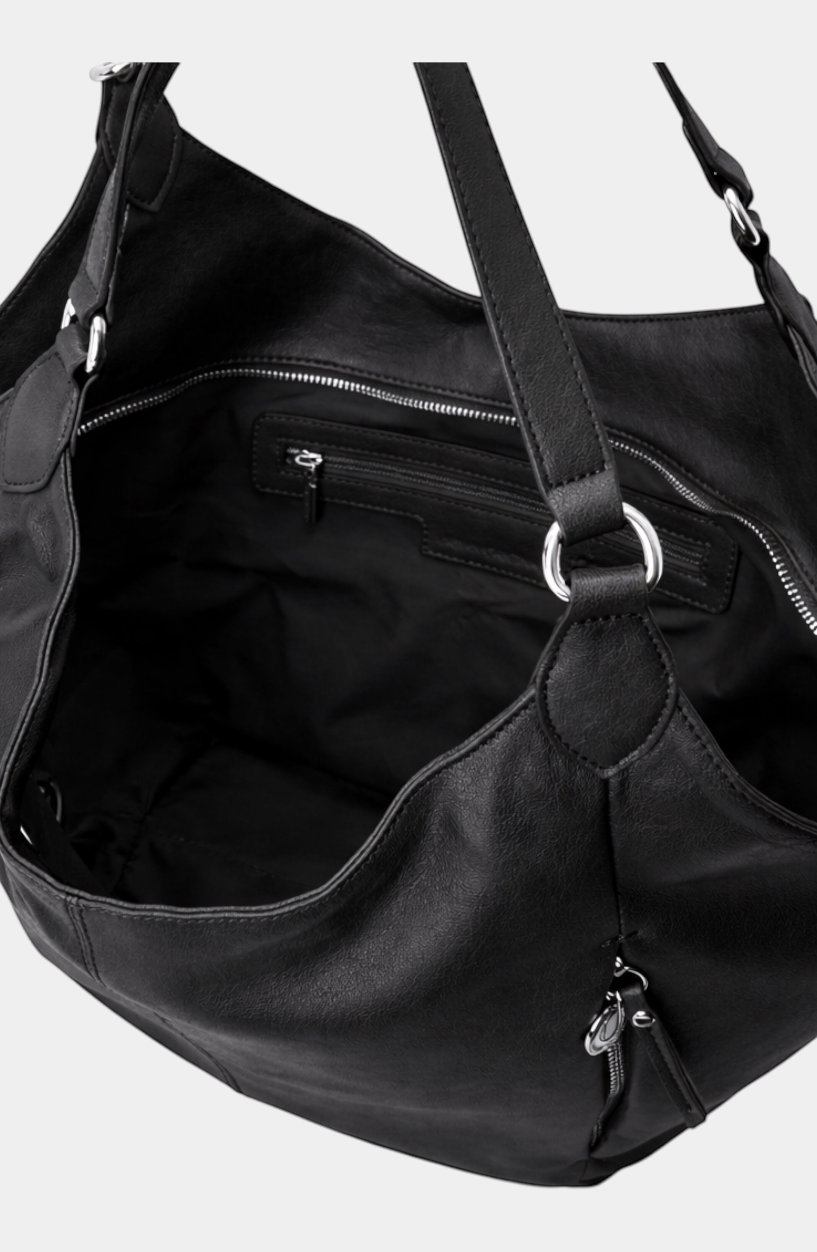Urban Originals USA Destiny black vegan leather hobo bag with a spacious interior and silver zipper closure