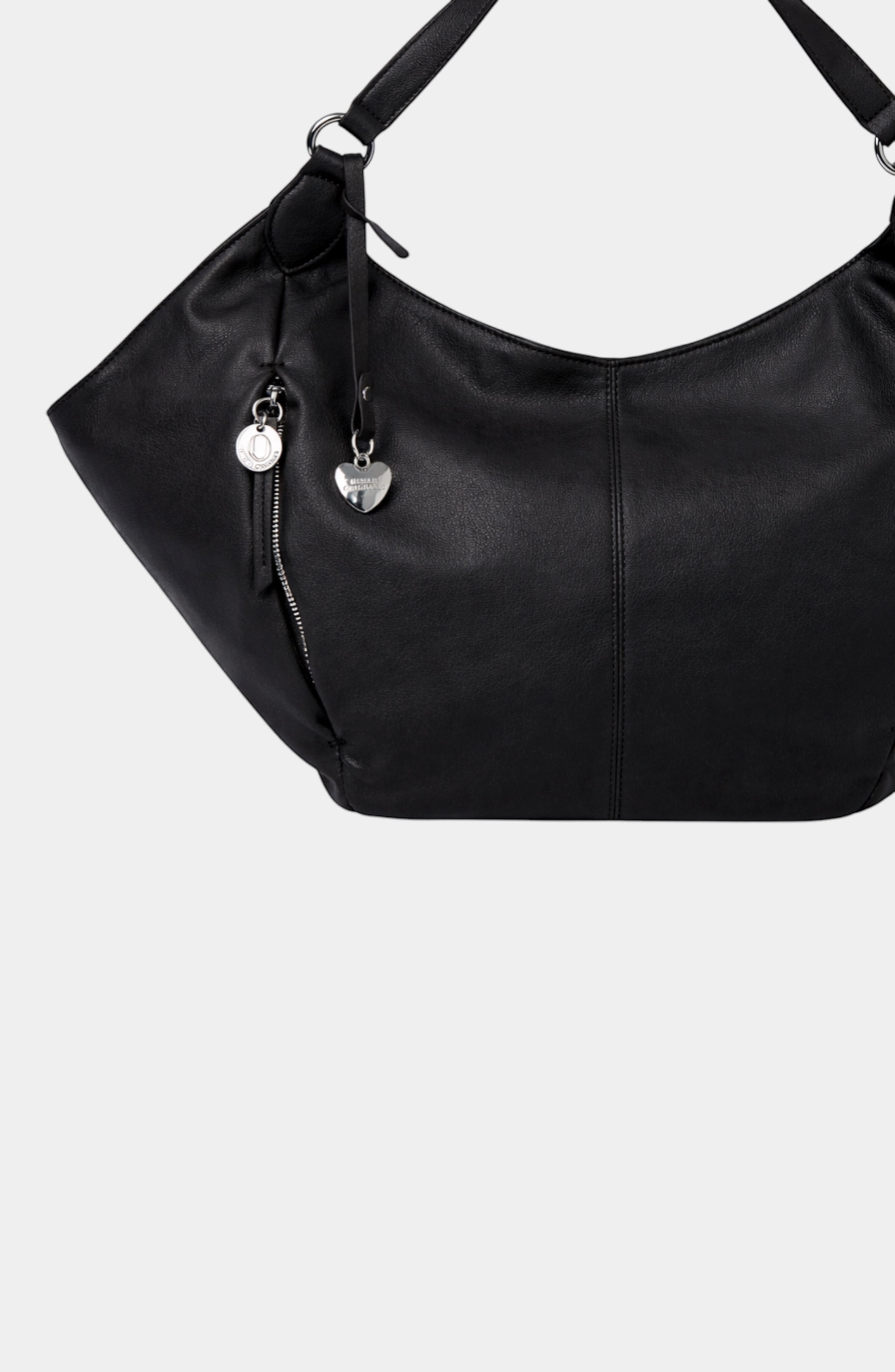 Urban Originals USA Destiny black vegan leather hobo bag with a relaxed winged silhouette and silver heart charm