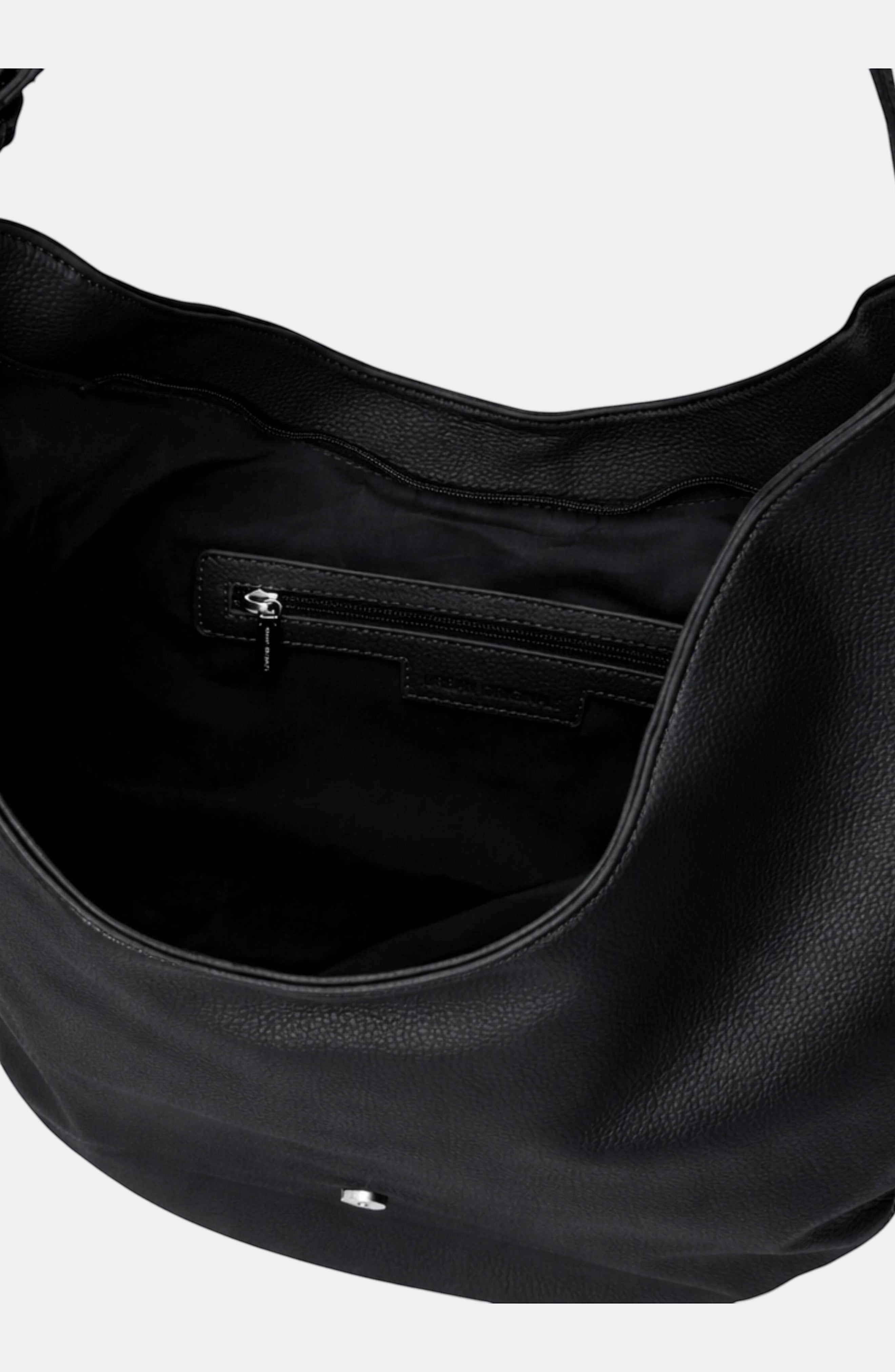 Urban Originals USA Lighthouse black vegan leather hobo bag interior with a zippered pocket and fabric lining.