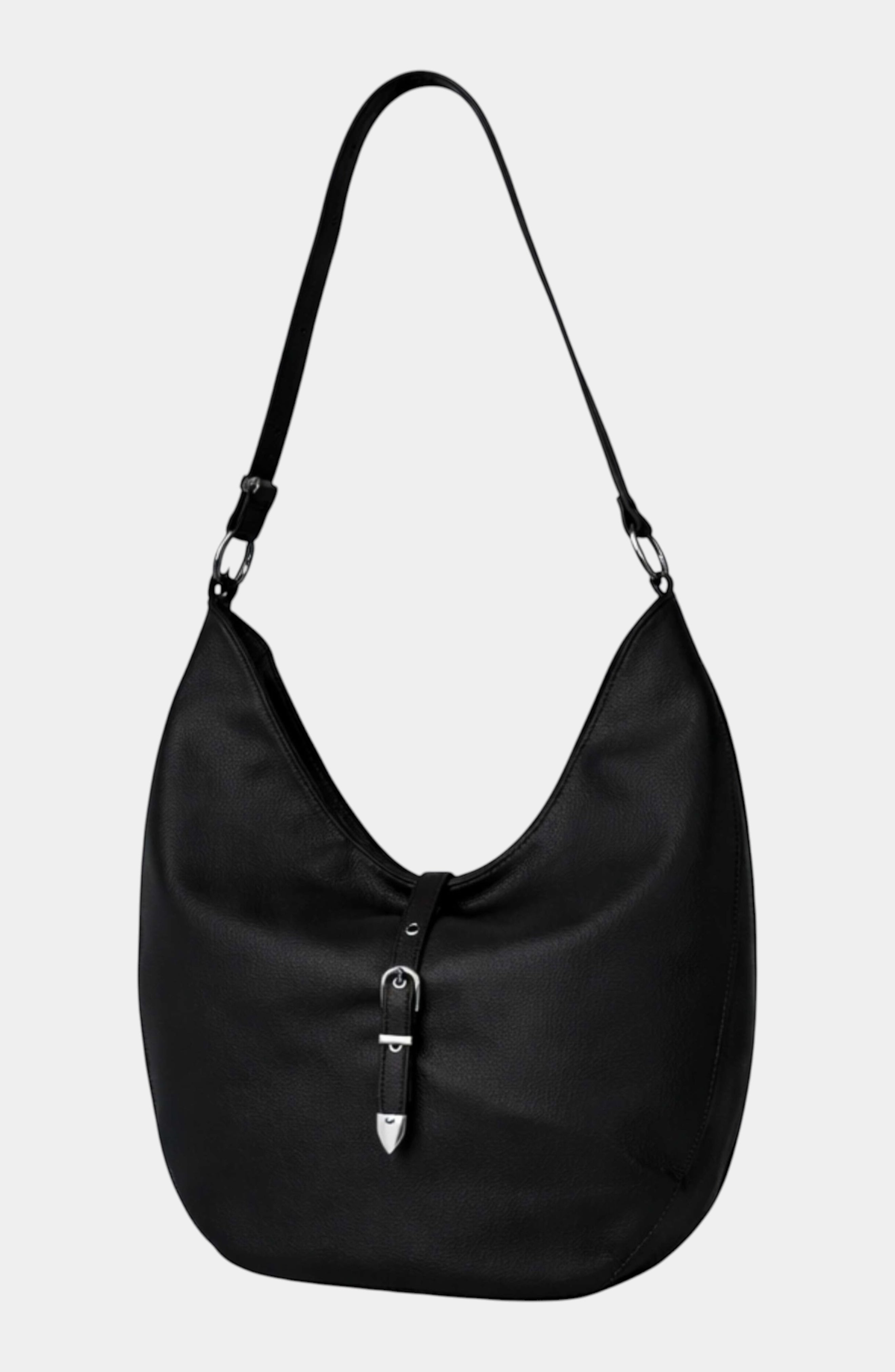 Urban Originals USA Lighthouse black pebbled vegan leather hobo bag with a silver buckle strap closure.