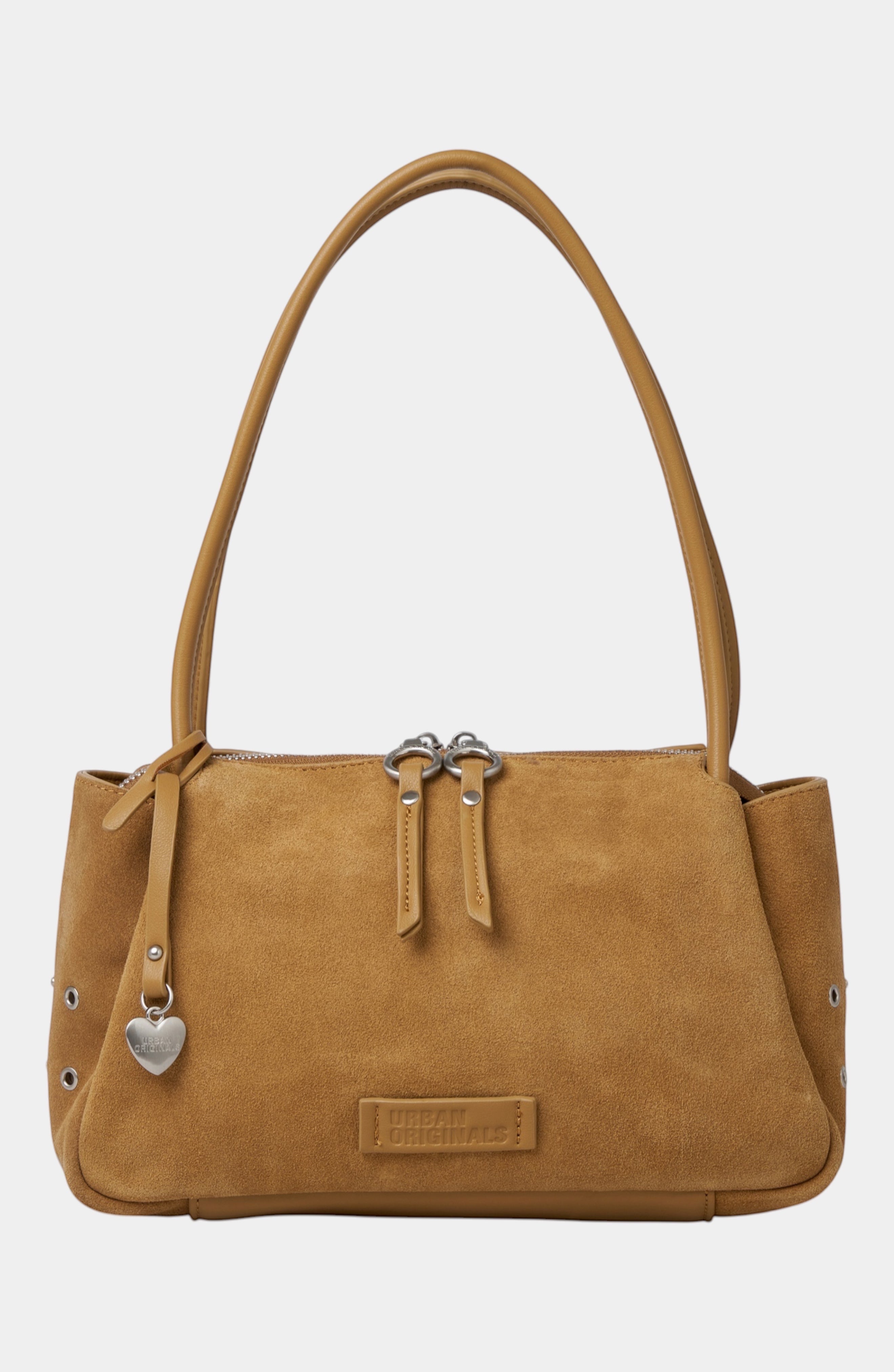 Urban Originals USA tan suede crossbody bag with pebbled vegan leather trim, silver hardware, and stud details.
