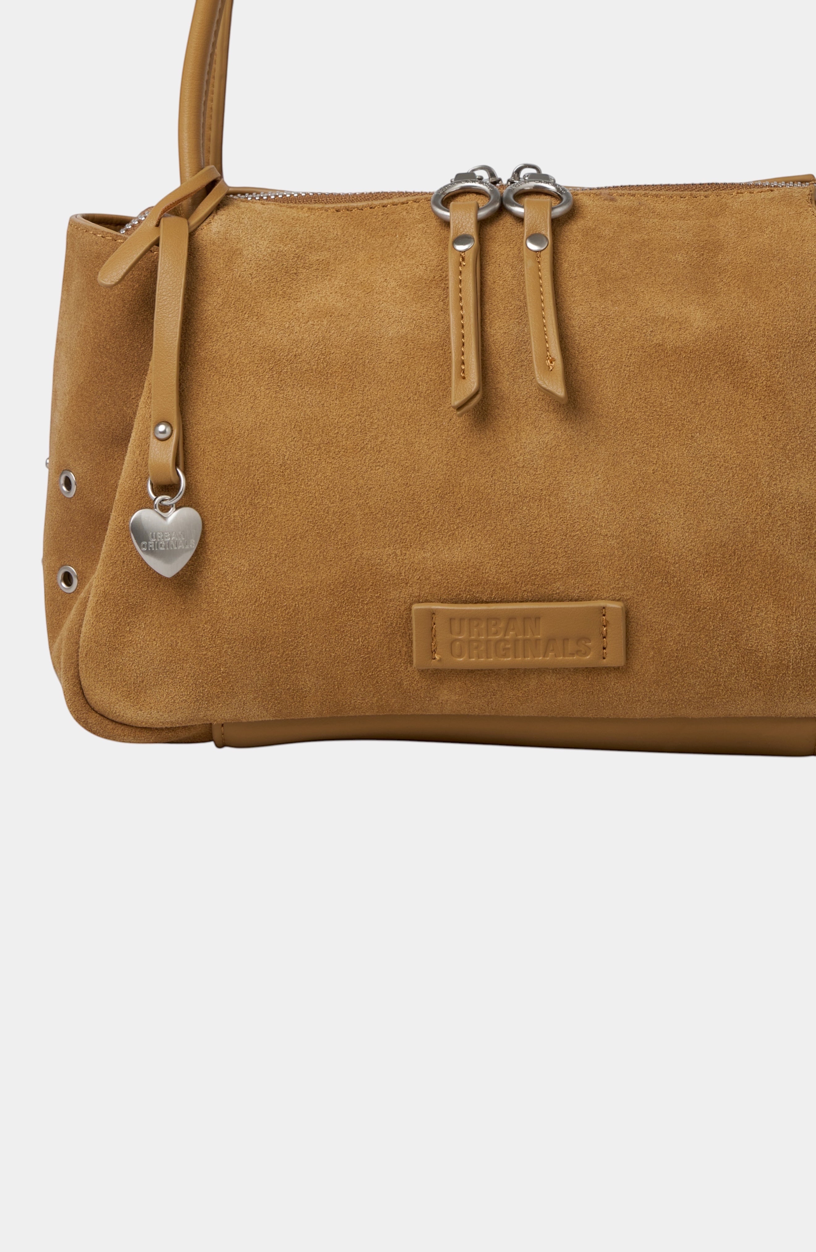 Urban Originals USA tan suede crossbody bag with pebbled vegan leather trim, silver hardware, and heart charm.