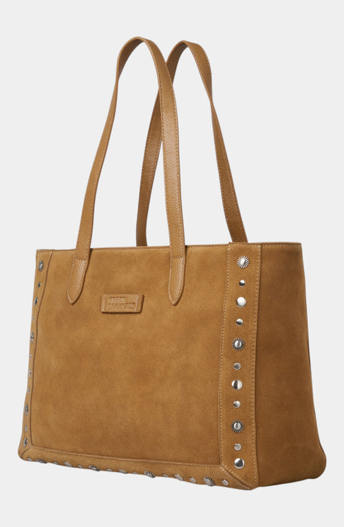 Catalina Genuine Suede Studded Tote Bag - Tan