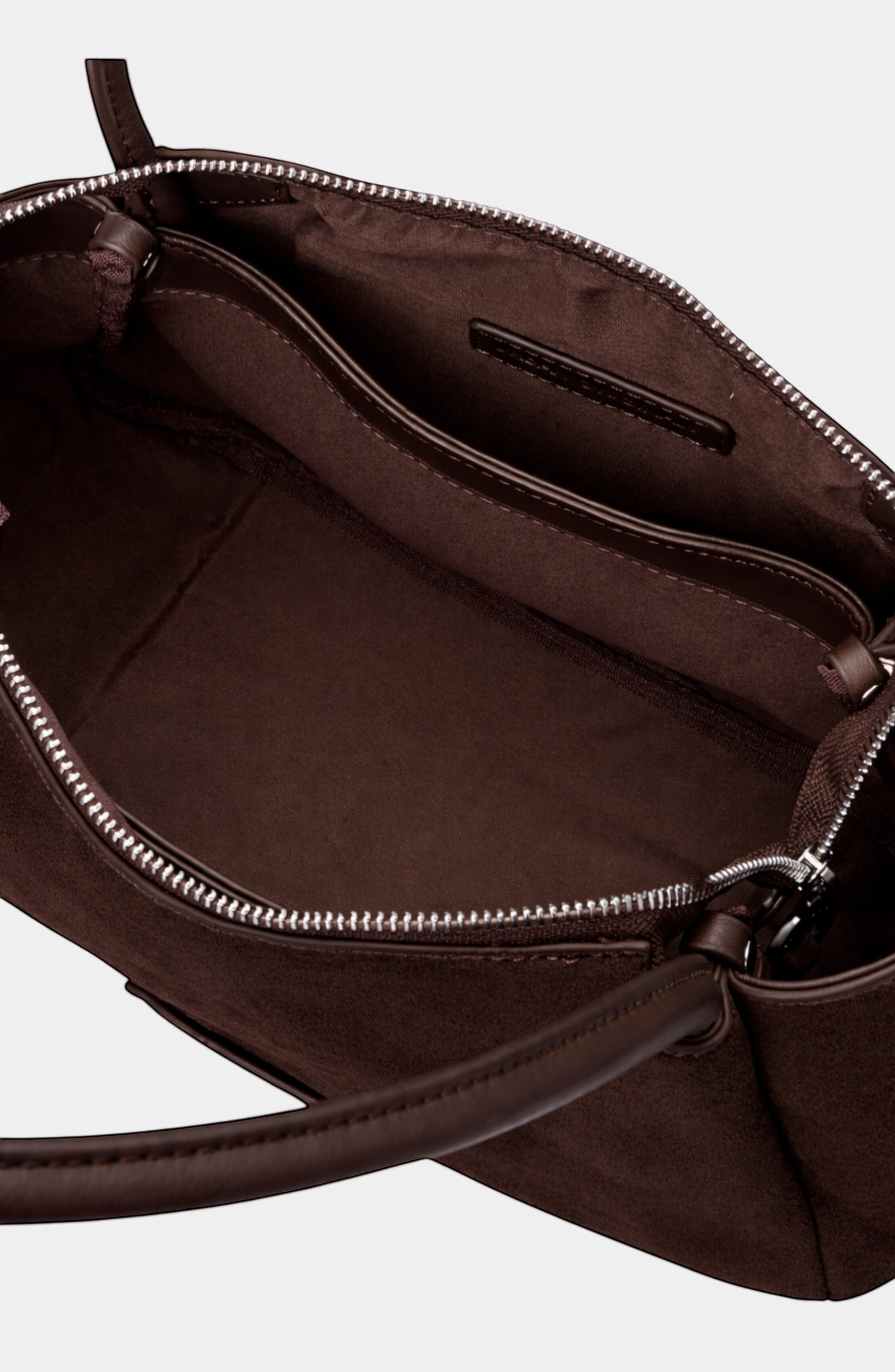 Urban Originals USA Please Stay chocolate brown suede crossbody bag interior view with silver zipper and pocket