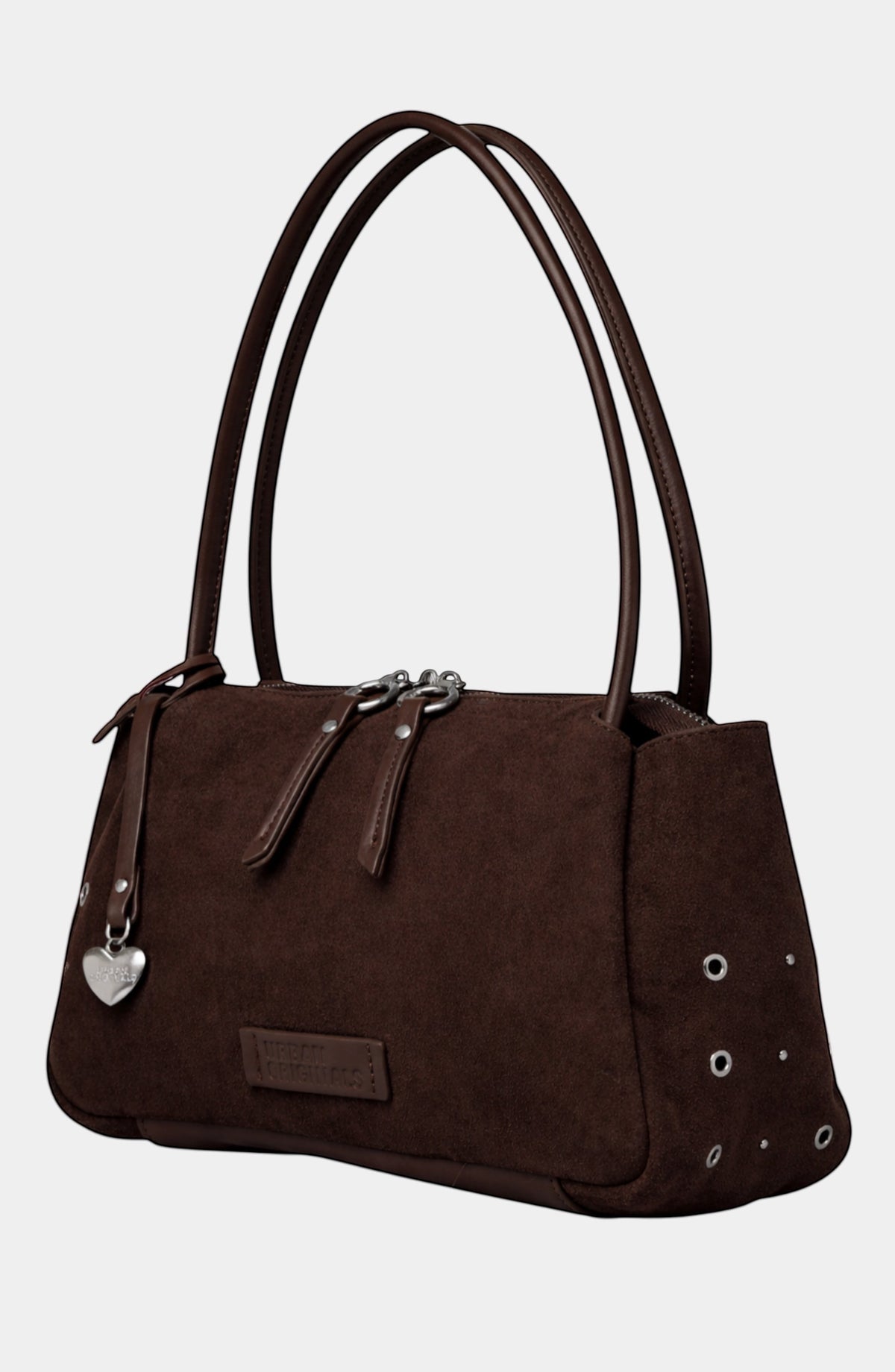 Urban Originals USA Please Stay chocolate brown suede shoulder bag with silver stud details.