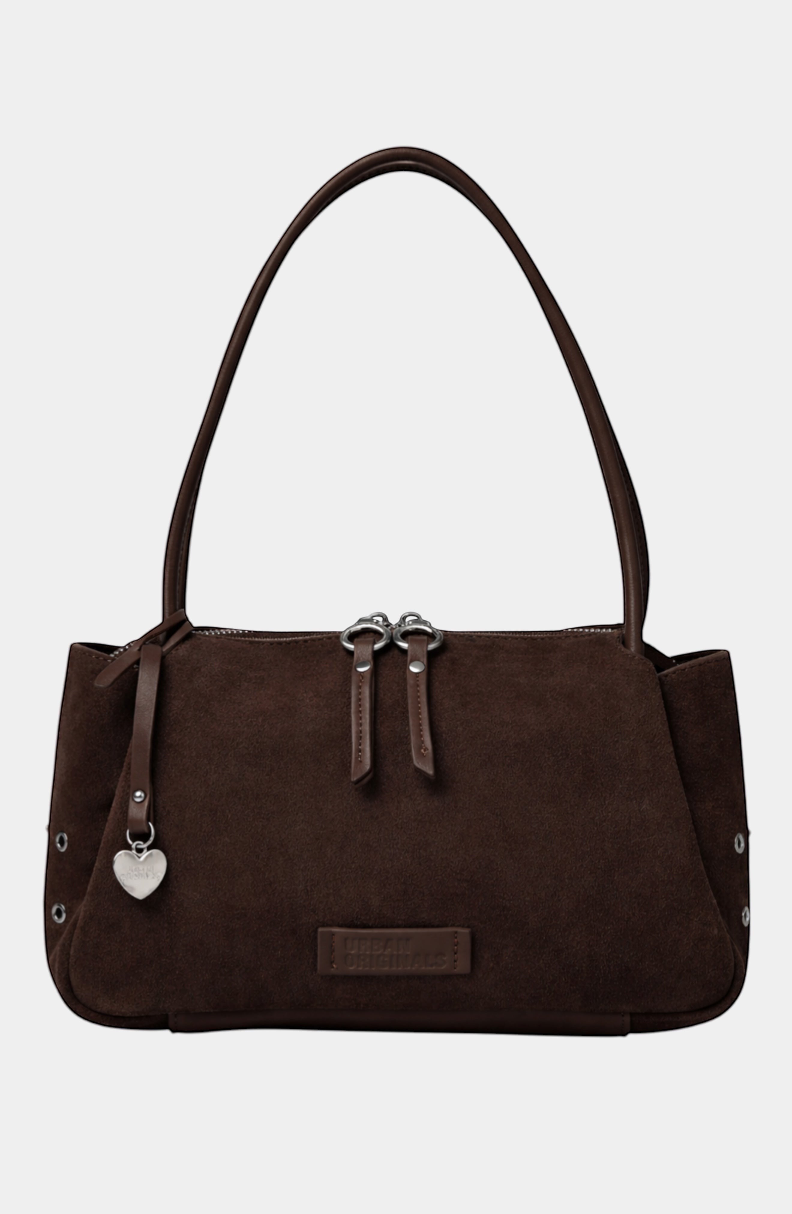 Urban Originals USA Please Stay chocolate brown suede crossbody bag with silver hardware and heart charm detail