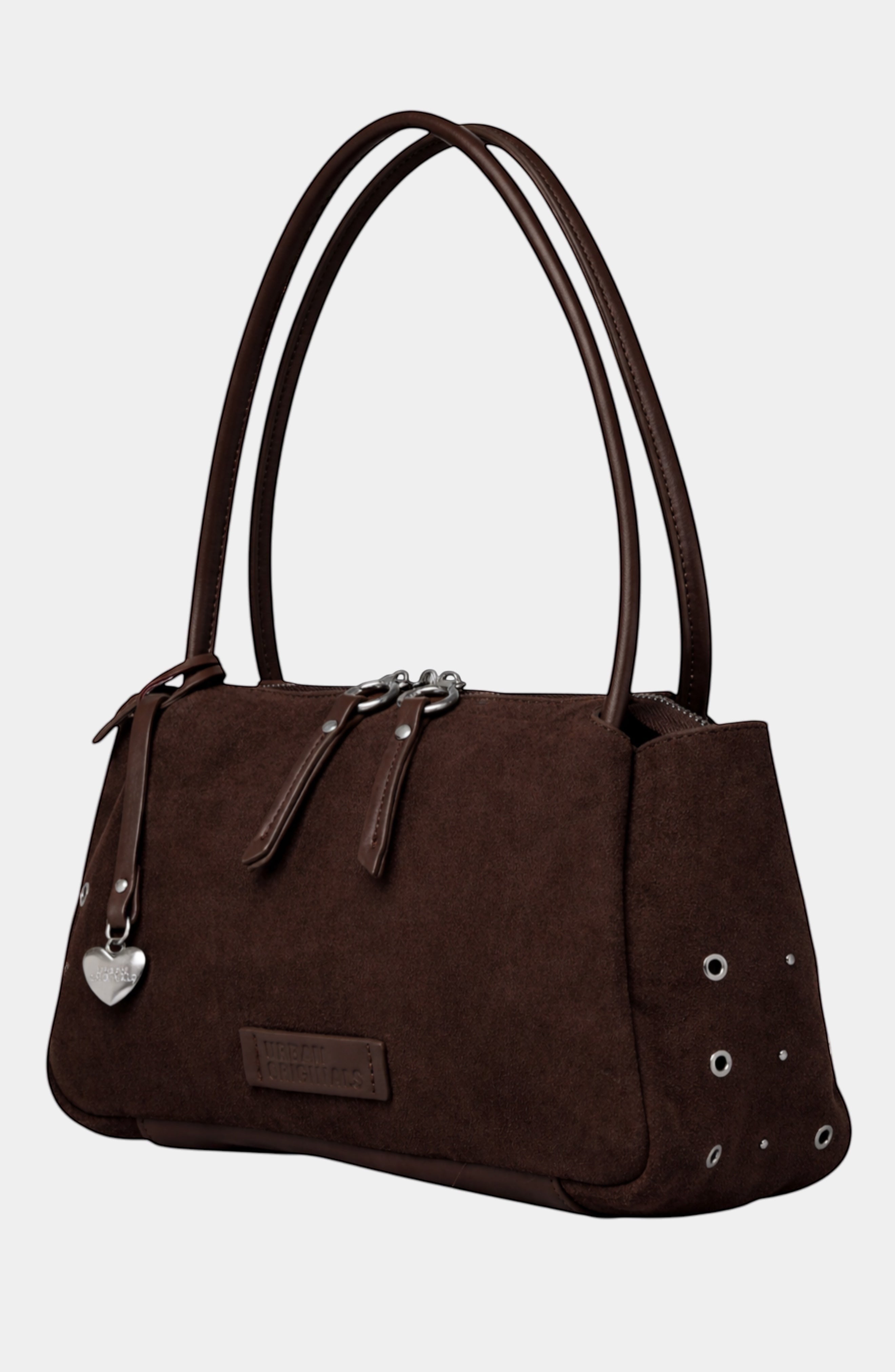 Urban Originals USA Please Stay chocolate brown suede shoulder bag with silver stud details.