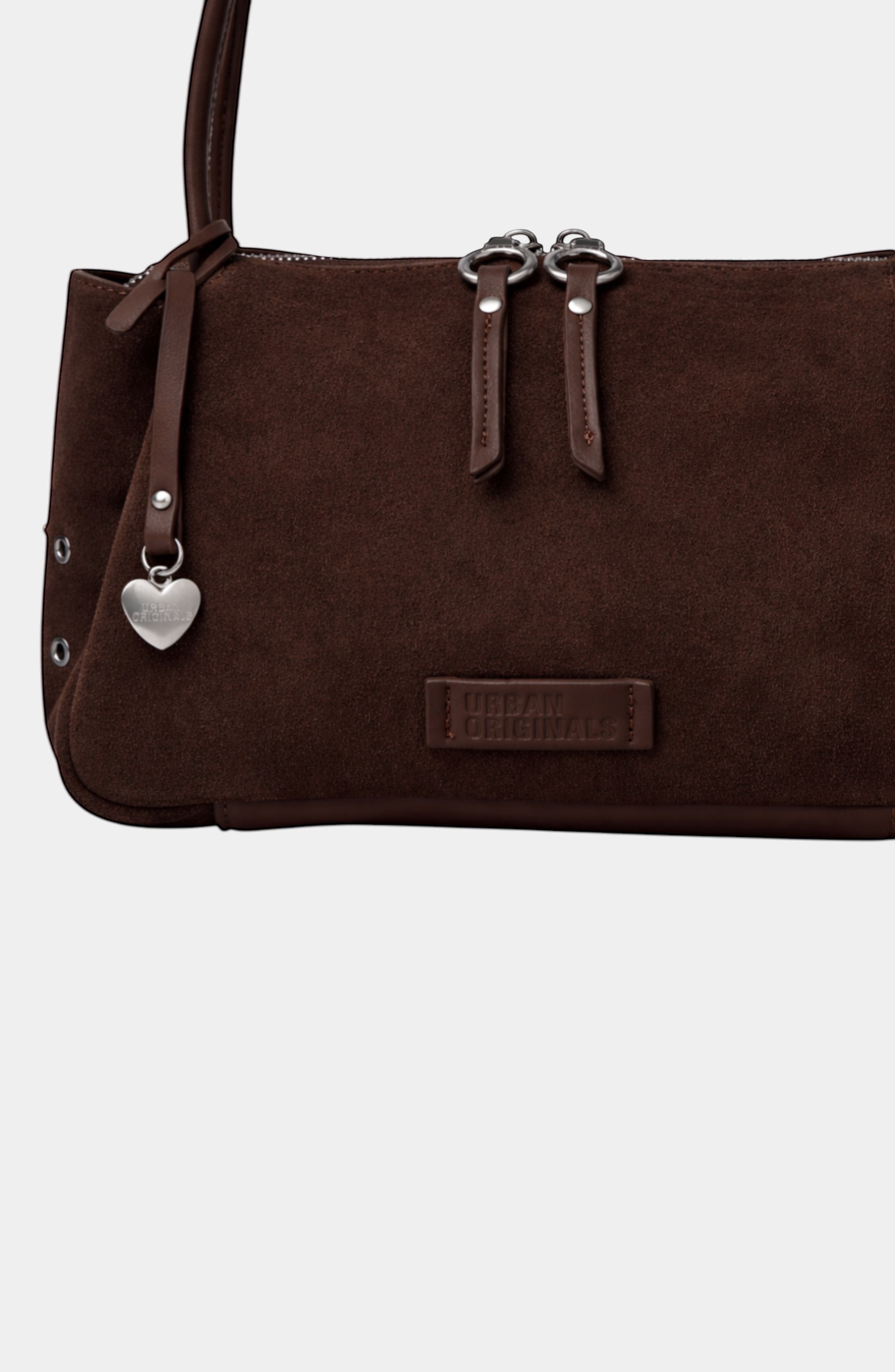 Urban Originals USA Please Stay chocolate brown suede crossbody bag with brushed silver hardware and heart charm