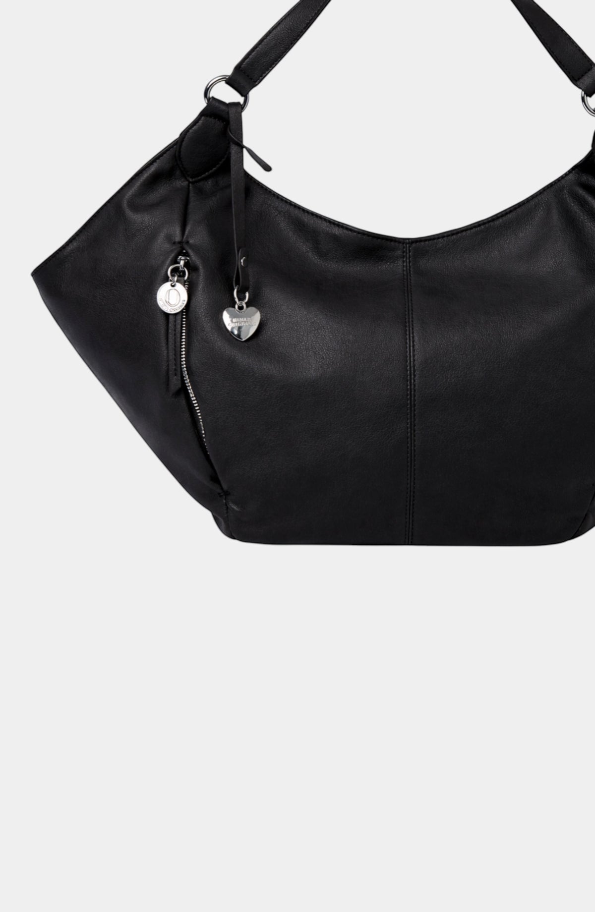 Urban Originals USA Destiny black vegan leather hobo bag with a relaxed winged silhouette and silver heart charm