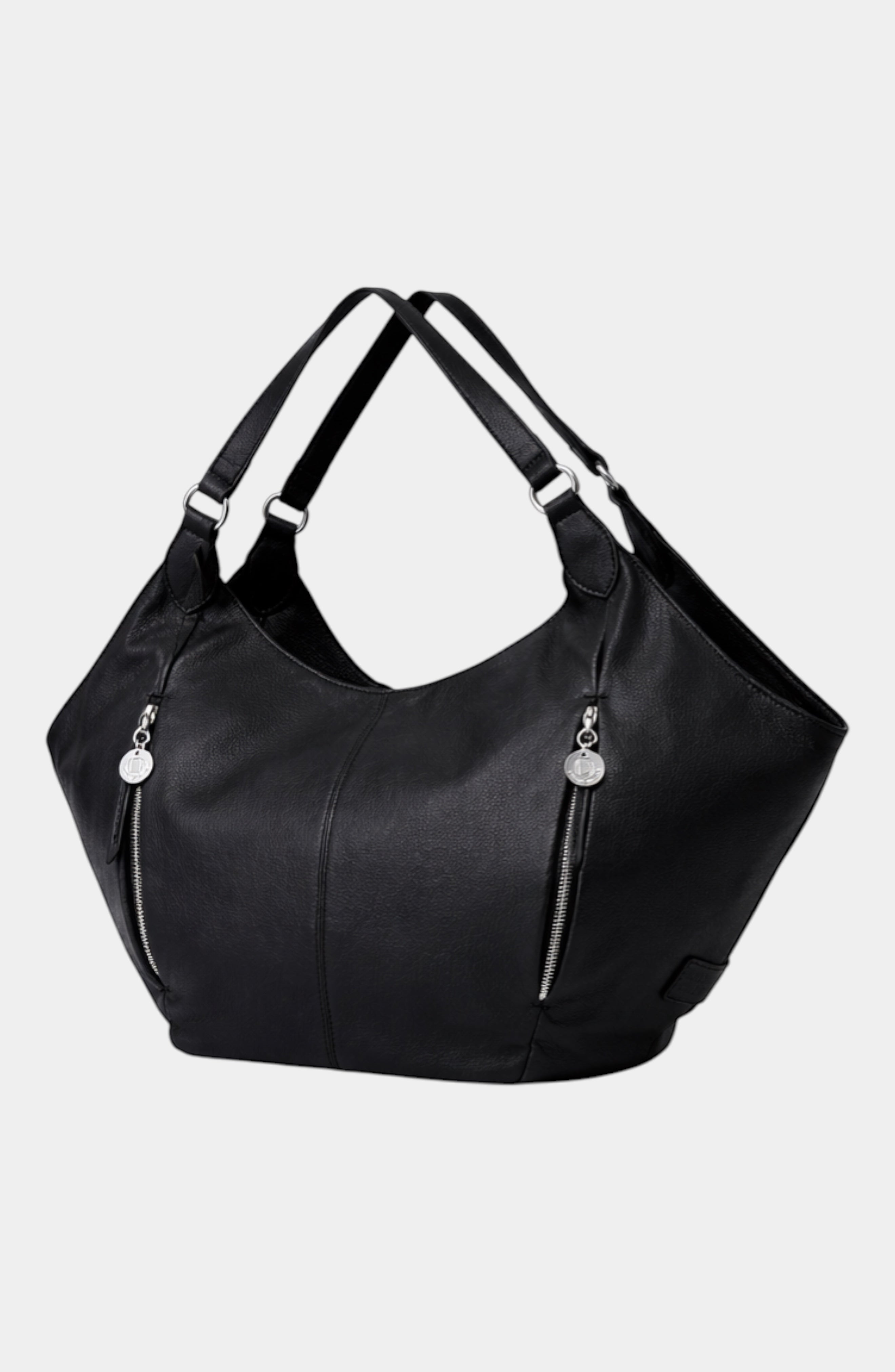 Urban Originals USA Destiny black vegan leather hobo bag with a relaxed winged silhouette and silver zipper details.