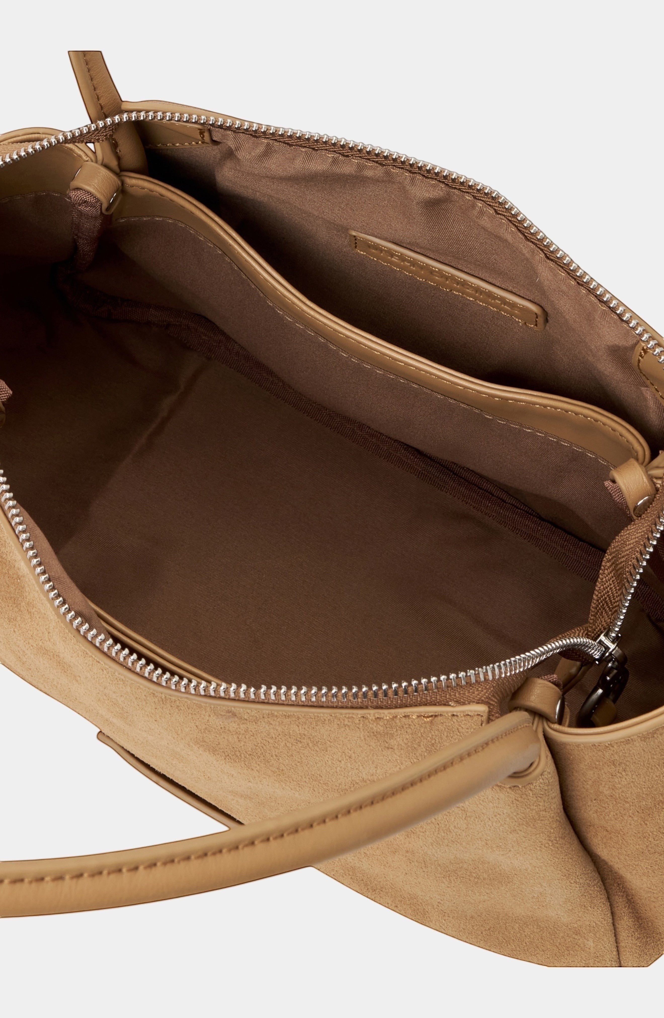 Urban Originals USA Please Stay tan suede crossbody bag interior view with zipper closure and lined compartment