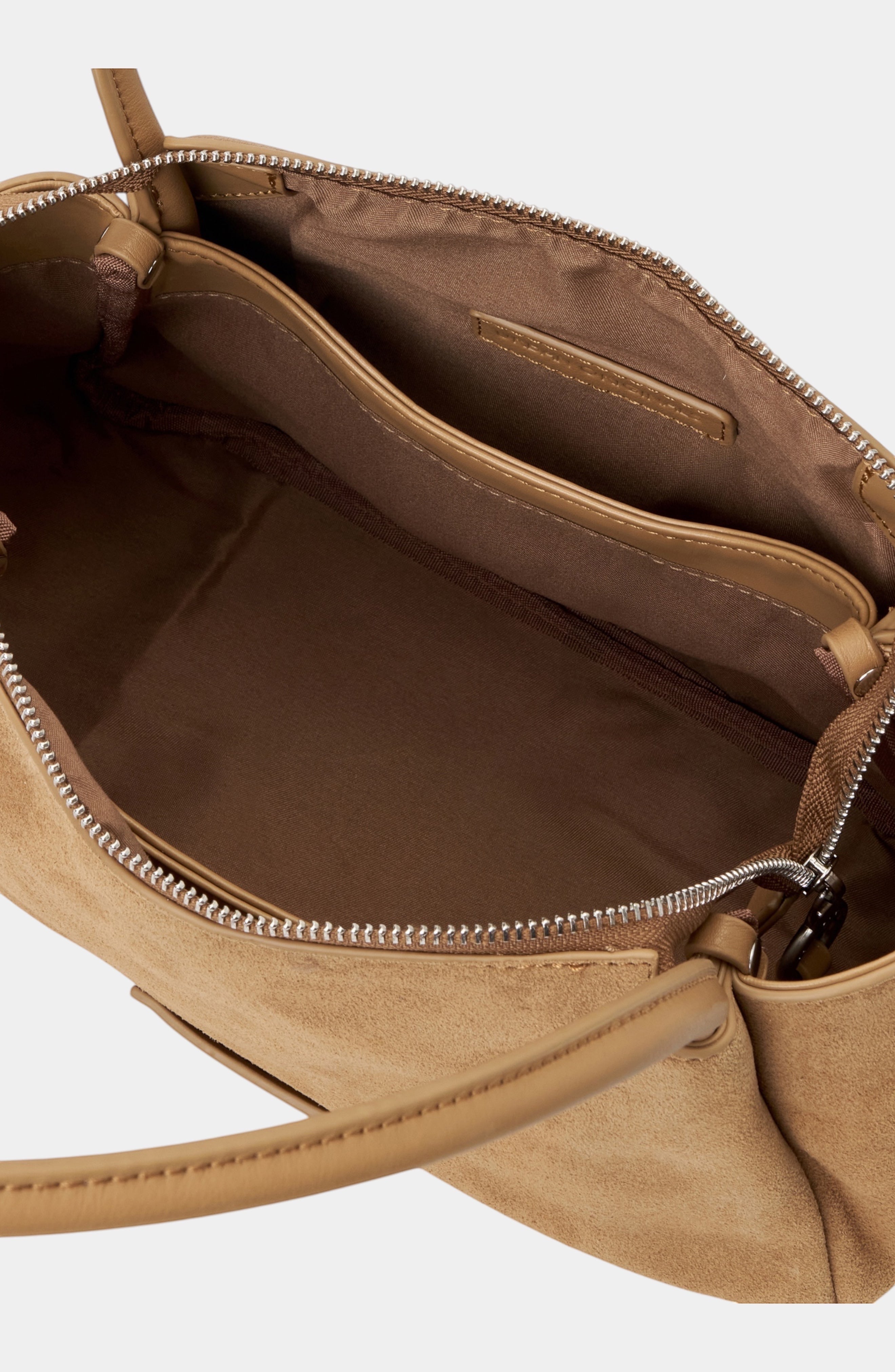 Urban Originals USA tan suede crossbody bag with pebbled vegan leather trim and brushed silver hardware.