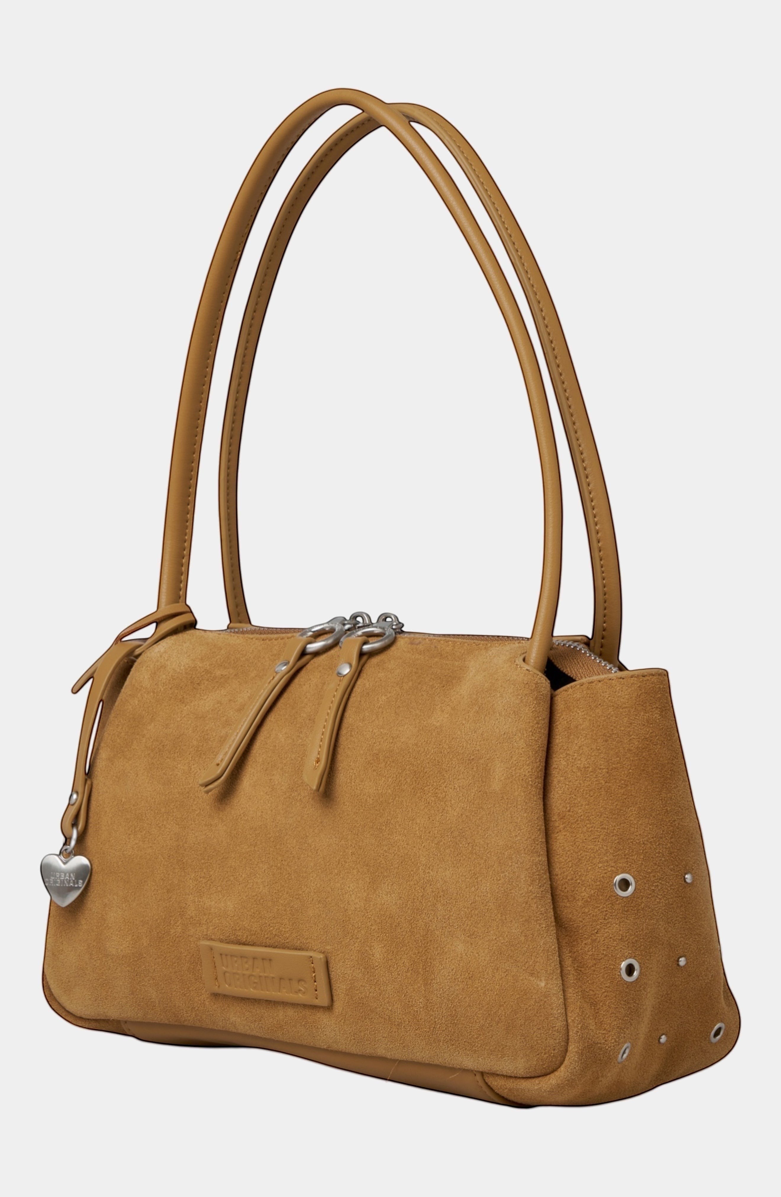 Urban Originals USA Please Stay tan suede crossbody bag with pebbled vegan leather trim and brushed silver hardware.