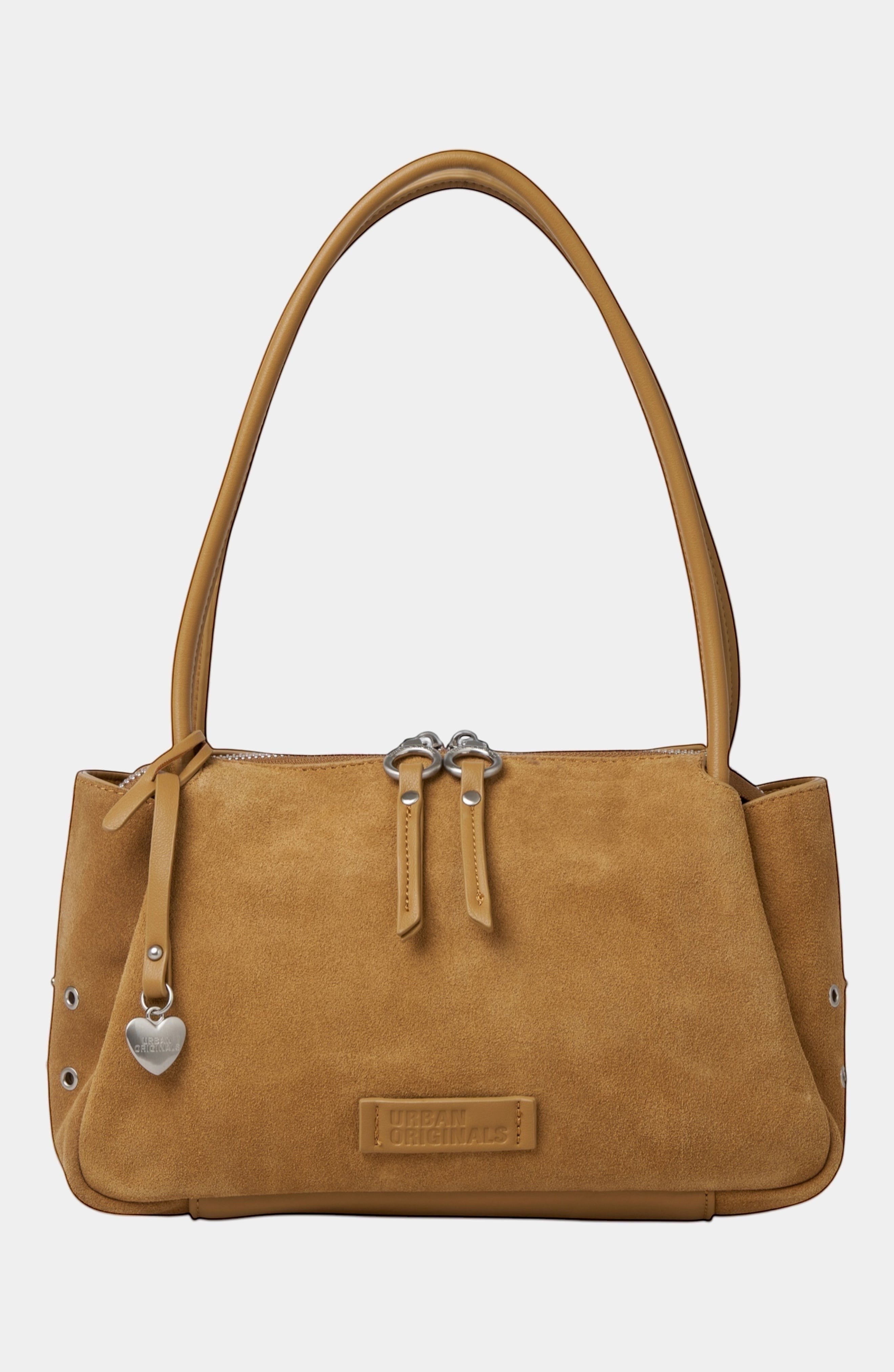 Urban Originals USA Please Stay tan suede crossbody bag with pebbled vegan leather trim and brushed silver hardware.