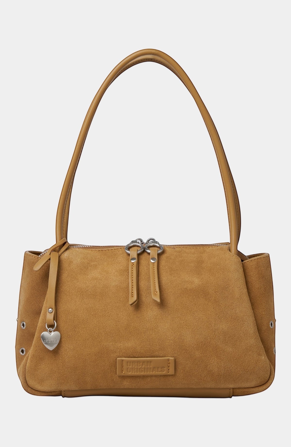 Urban Originals USA Please Stay tan suede crossbody bag with pebbled vegan leather trim and brushed silver hardware.