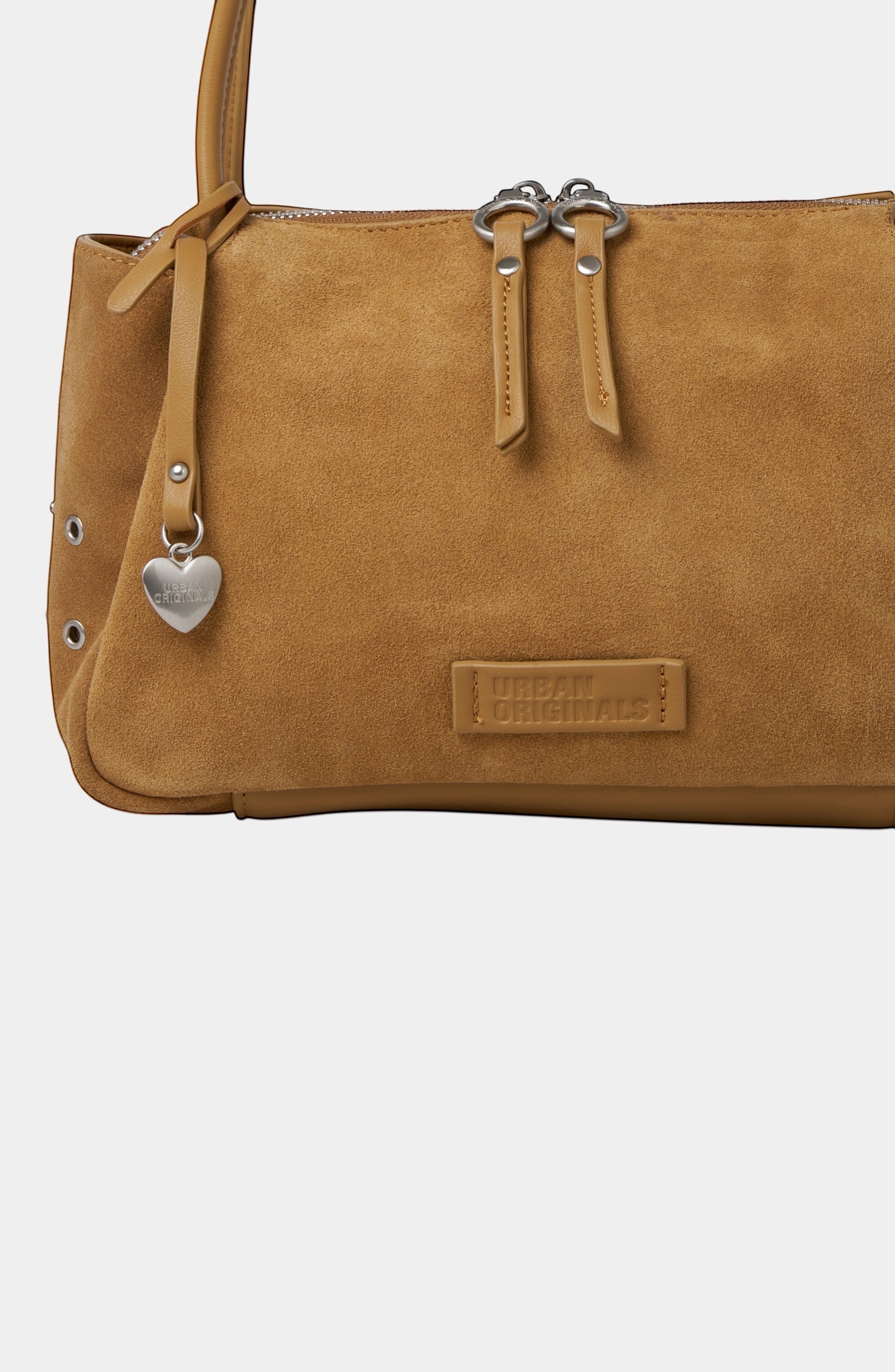 Urban Originals USA Please Stay tan suede crossbody bag with pebbled vegan leather trim and brushed silver hardware